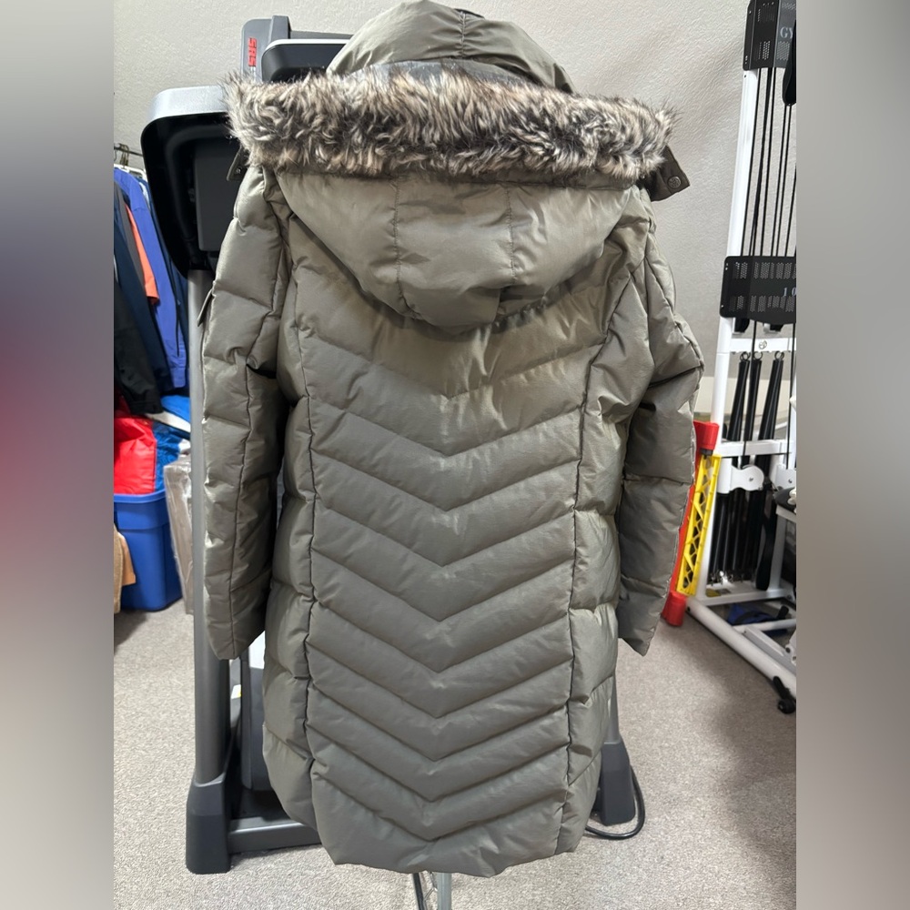 Eddie Bauer grey/green PXL Down Parka, detachable hood with faux fur. - Picture 2 of 6